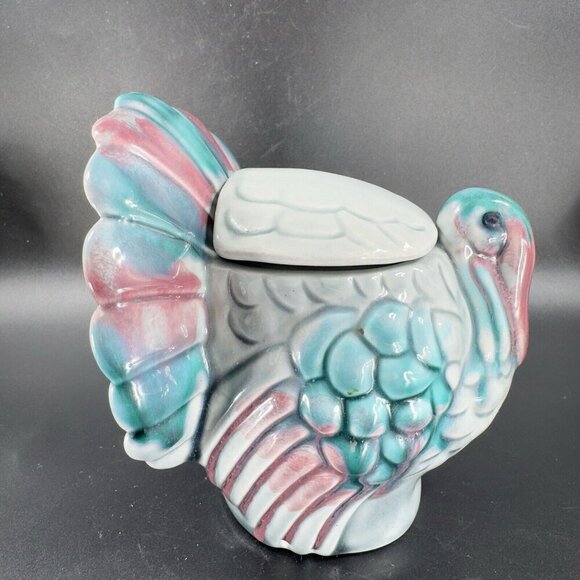 Vintage Tom and Hen Ceramic Turkey Bird Sugar Bowl Dish With Lid Marked Vintage - Picture 11 of 14